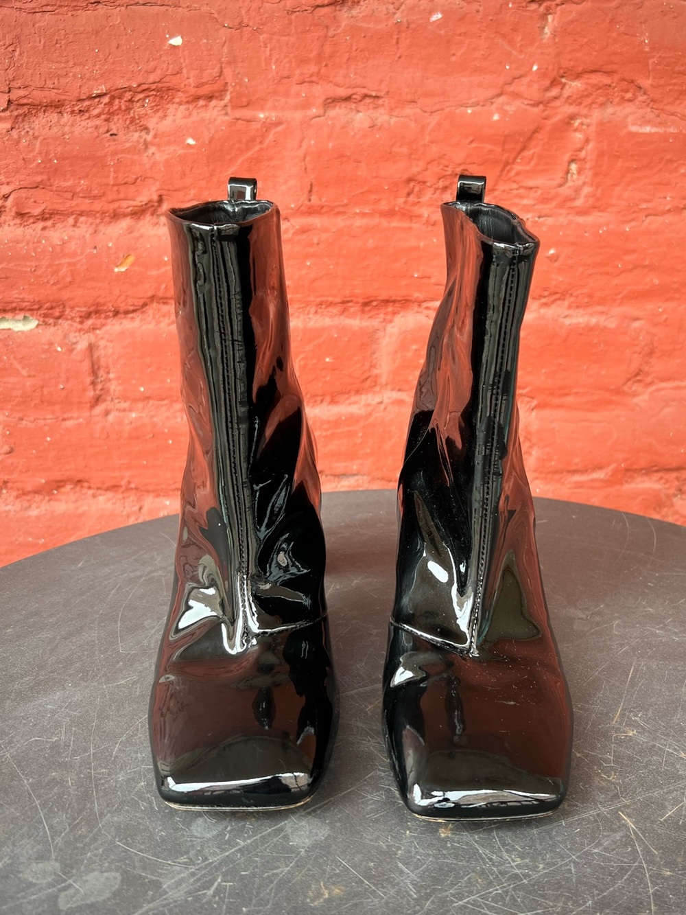 Good American Square Toe Patent Leather Ankle Booties 7.5 block chunky heel
